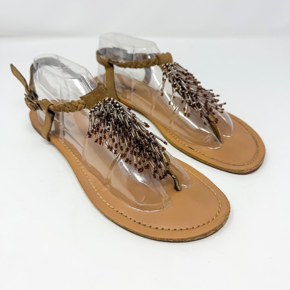 Minnetonka Beaded T-Strap Sandals Leather BohoLuxe Festivalcore Nomadic Chic 9
